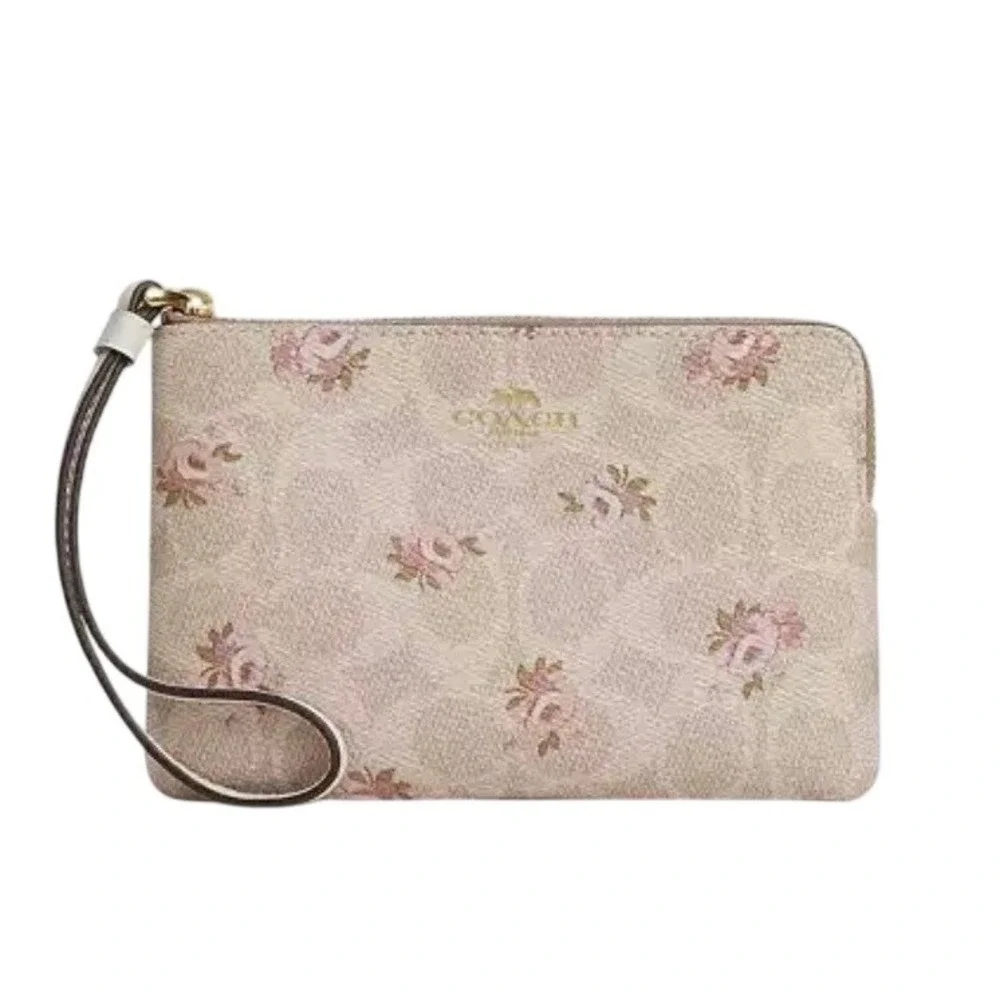 Coach Wristlet Corner Zip Signature Canvas Floral Print Sand Multi NEW